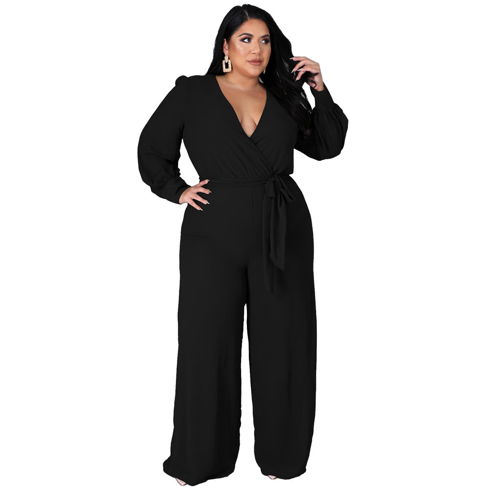 Plus Size Women Loose Straight Solid Color Belt Jumpsuit