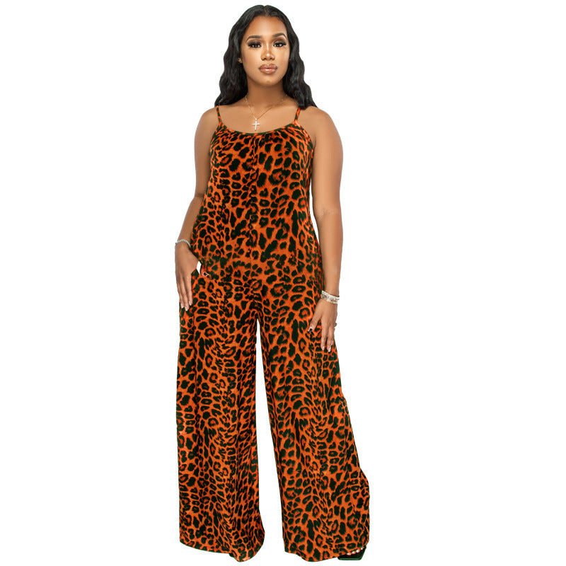 Plus Size New Jumpsuit Summer Leopard Print Sling Casual Jumpsuit