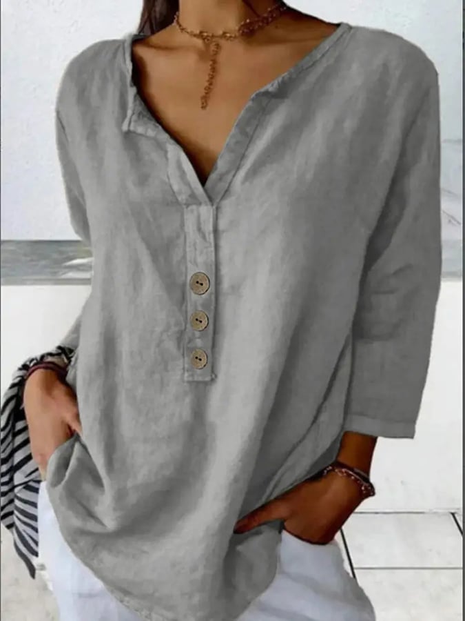Women's V-Neck Long Sleeve Loose Button Design Casual Shirt