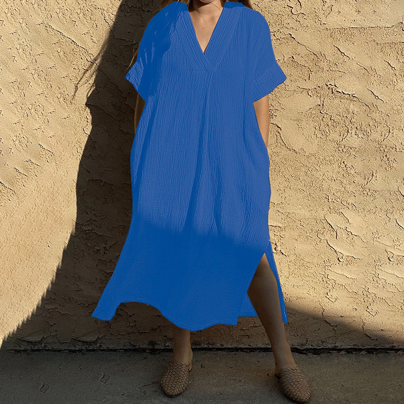 Vintage Plain V Neck Split Short Sleeve Maxi Dress