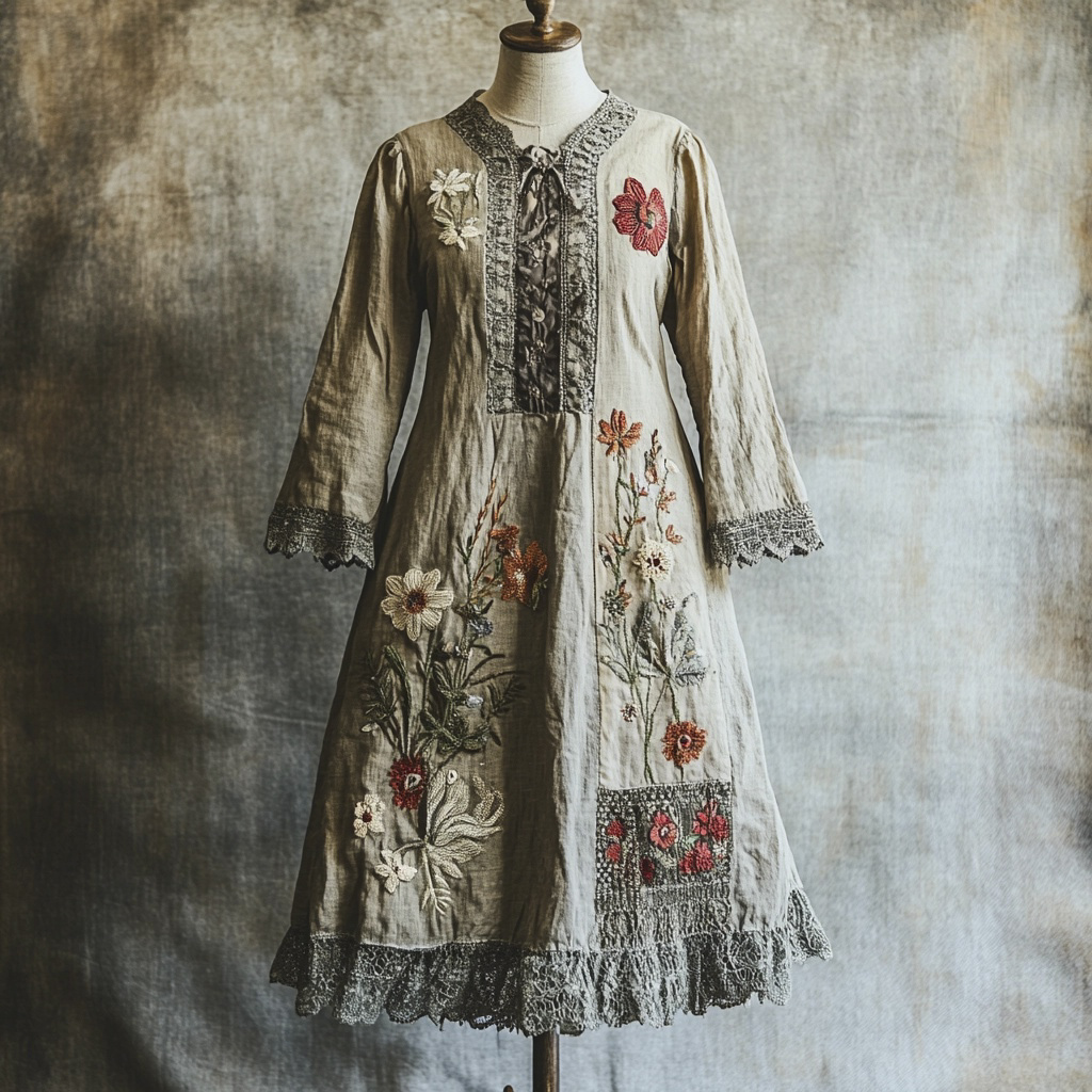 Vintage Floral Lace Patchwork Embroidery Lace-up Women's Linen Maxi Dress