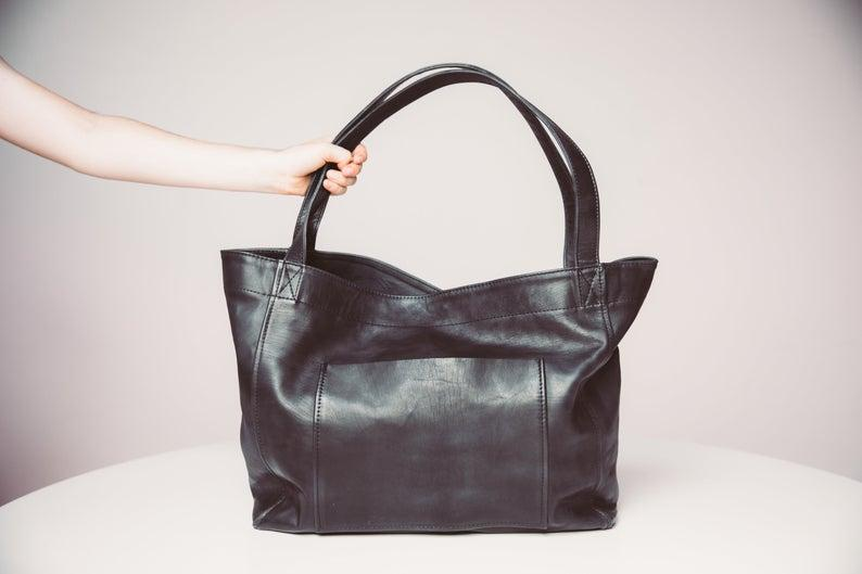 Women's Large Soft Leather Tote Bag With Pocket