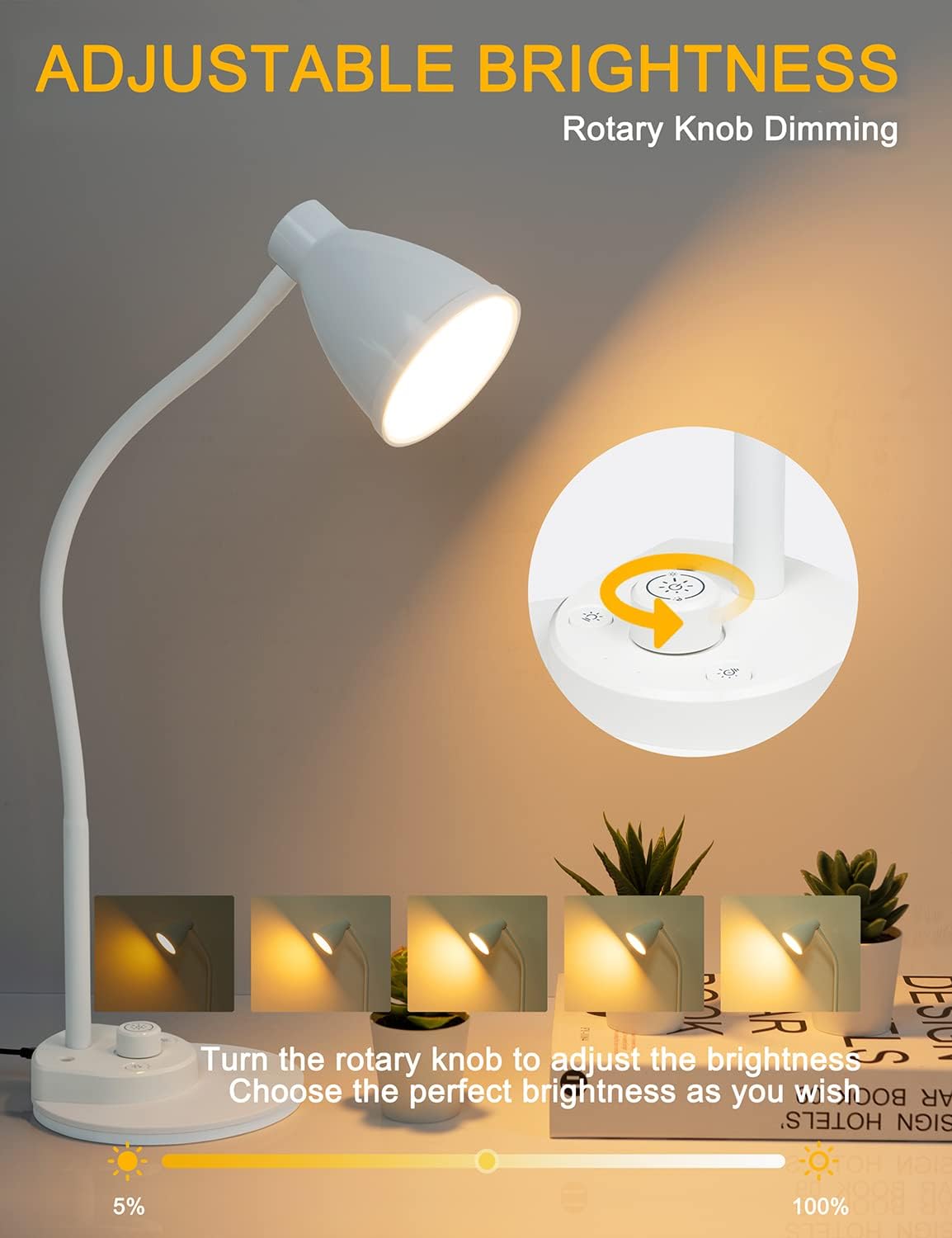 BOHON LED Desk Lamp with USB Charging Port 3 Color Modes Dimmable Reading Light Intelligent Induction Auto Dimming Task Lamp Flexible Gooseneck Table Lamp for Bedside Office, AC Adapter Include