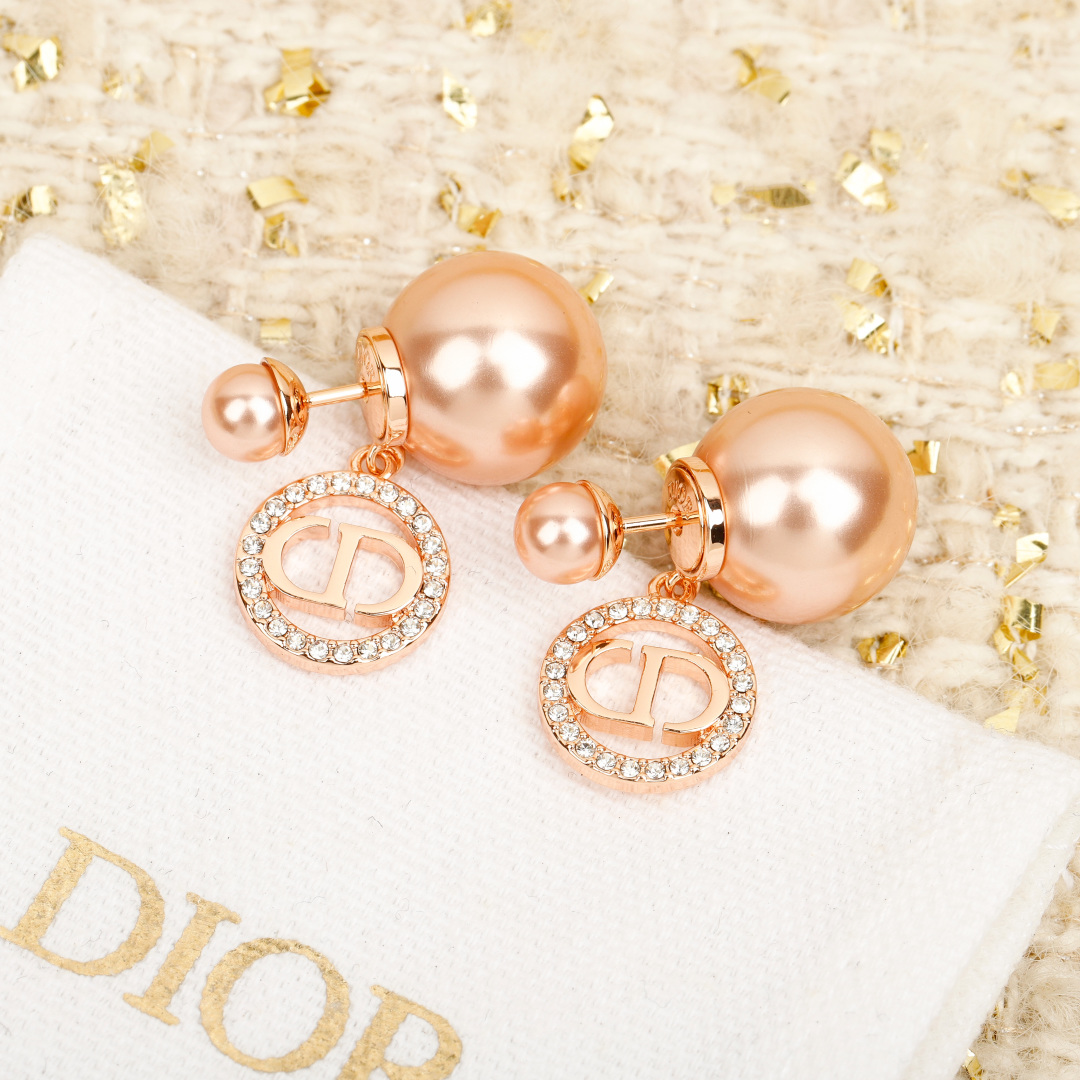 Dior Round Crystal CD Double Ball Pearl Earrings
