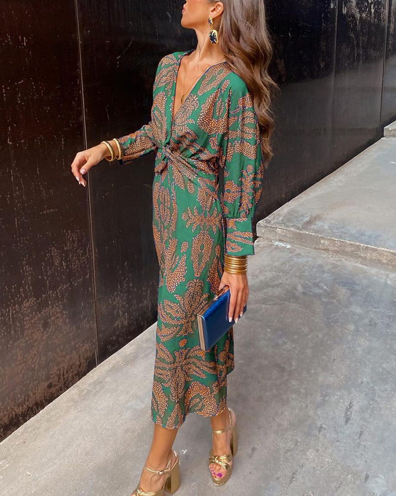 Vintage Draped Long Sleeve Midi Dress