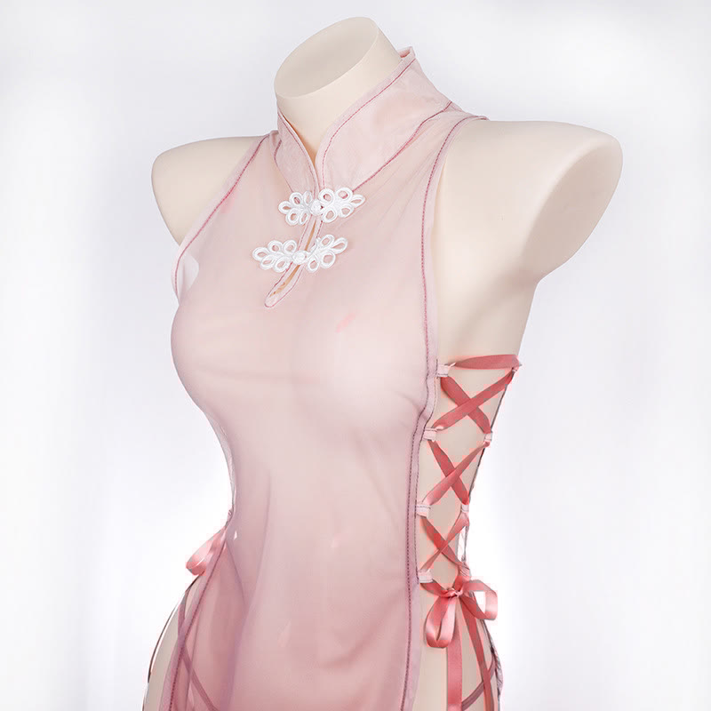 Vintage See-through Lace Up Cheongsam Lingerie Dress