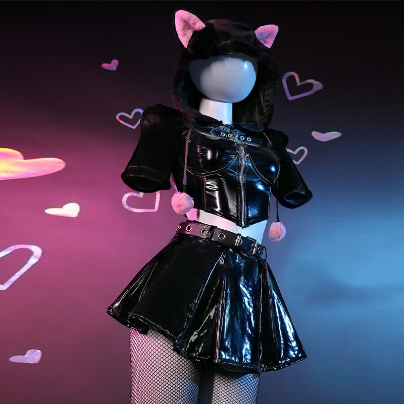 Cosplay Kitty Paw Hooded PU Lingerie Set
