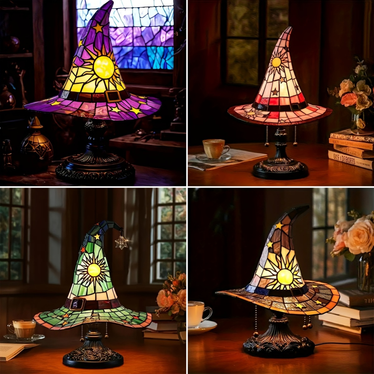 💥ON SALE💥- 🍂🧙‍♀️ Autumn Stained Glass Witch Hat Lamp ✨🕯️