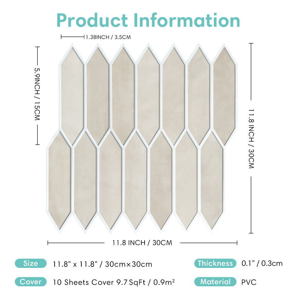 3D Earth Tones Vintage Elongated Hexagon Peel and Stick Wall Tile