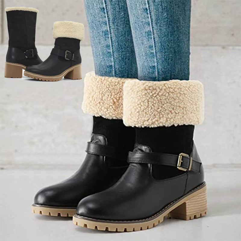 Women's Fashion Western Boots - Warm Winter Round Toe Boots with Buckle