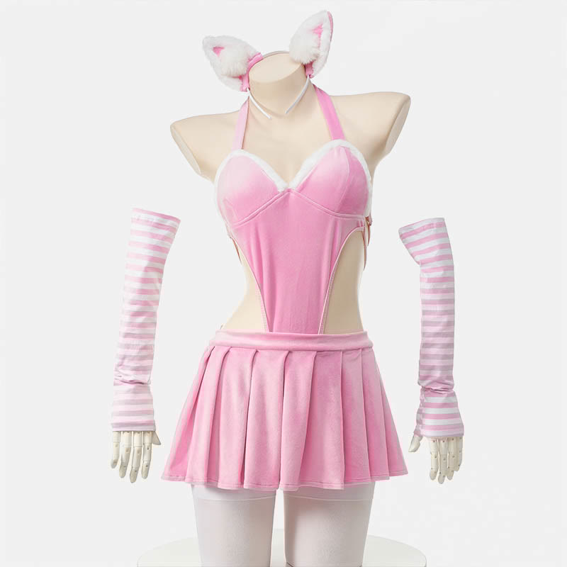 Cosplay Kitty Lace-up Jumpsuit Skirt Lingerie Set
