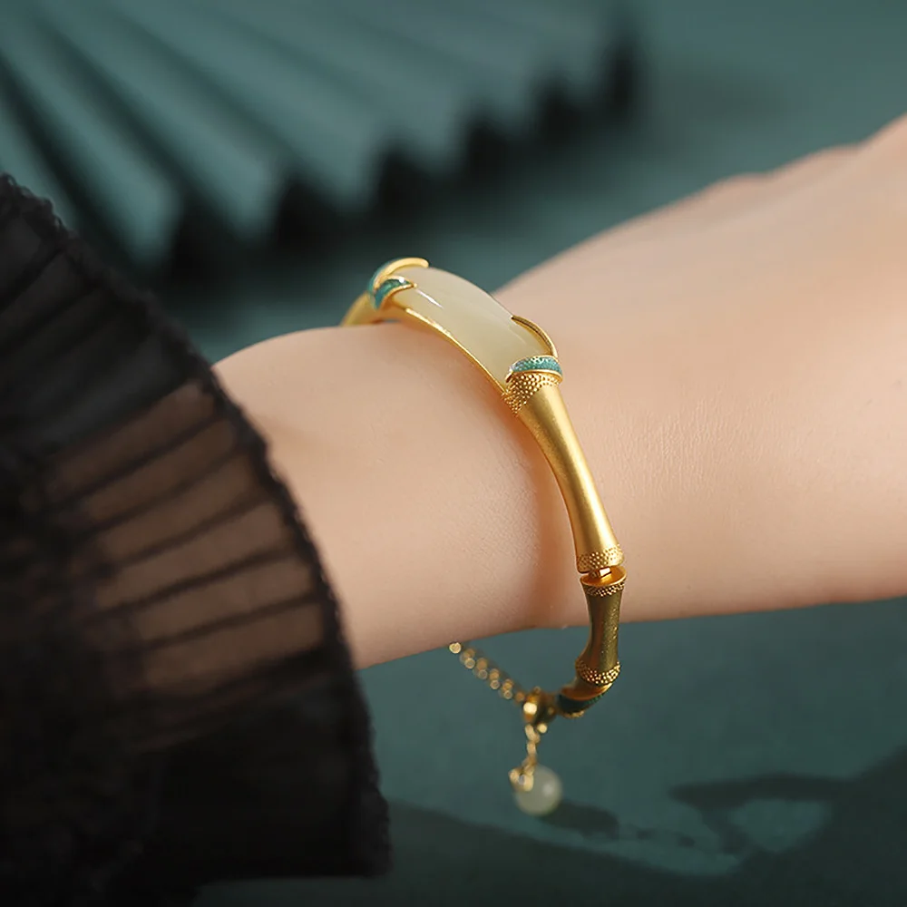 Luxury Bamboo Joint Women's Bracelets Natural Hotan Jade Gilded Jewelry Trendy Retro Adjustable Bangles For Women Couples Gifts