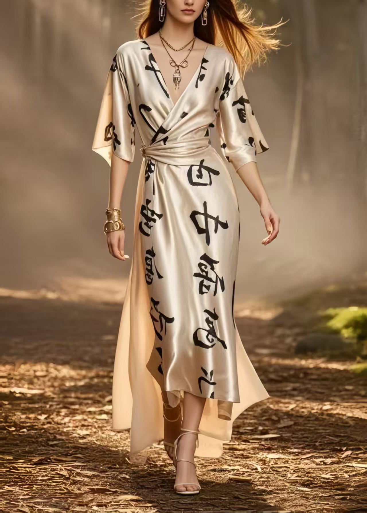 Elegant Champagne Print Draping Silk Cinched Dress Summer