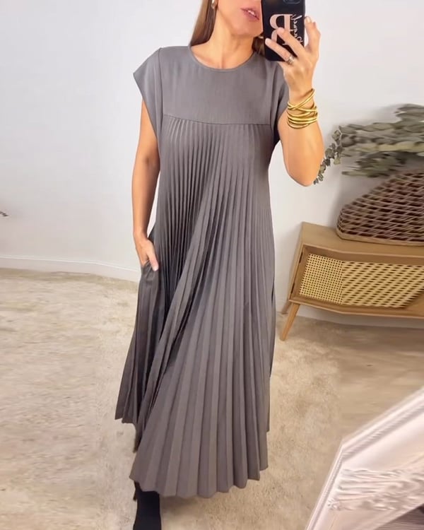 ON SALE🔥Women Summer Pleated Maxi Dress Casual Short Sleeve Long Dress with Pockets