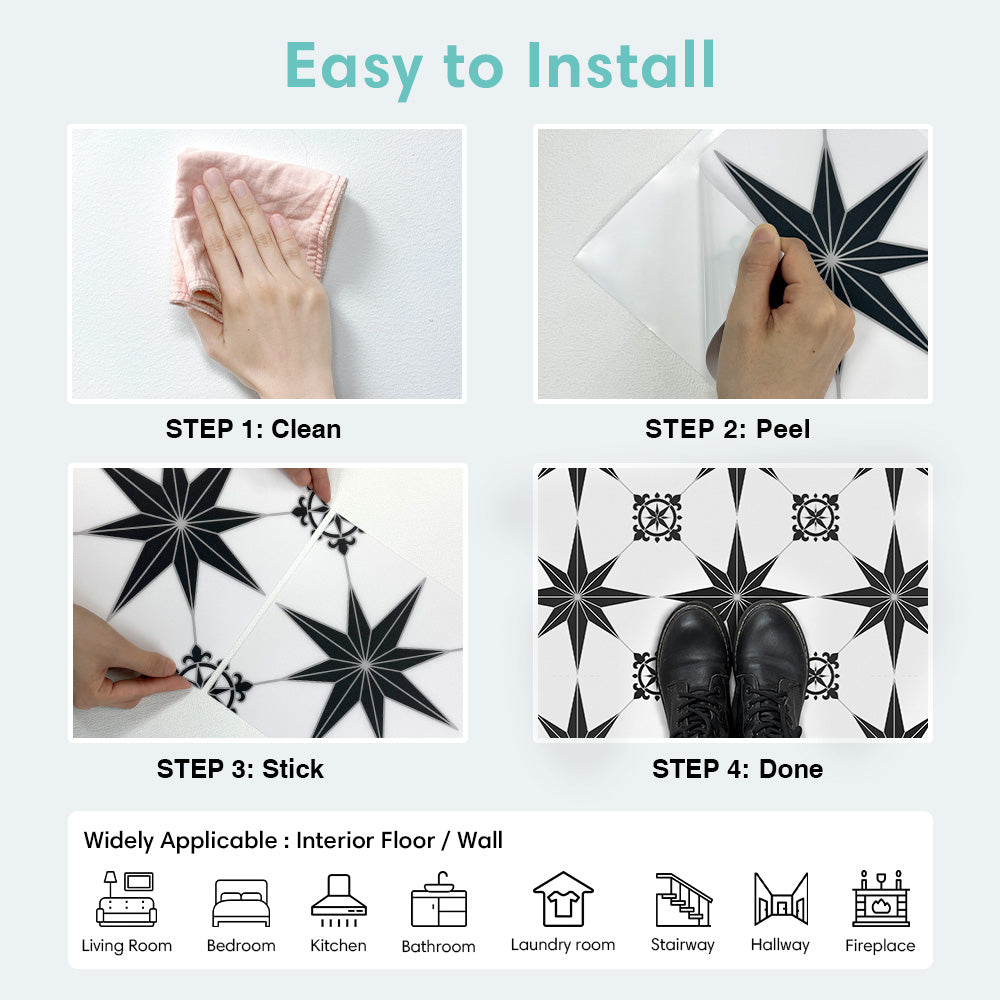 Black and White Star Peel and Stick Vinyl Floor Tile Sticker