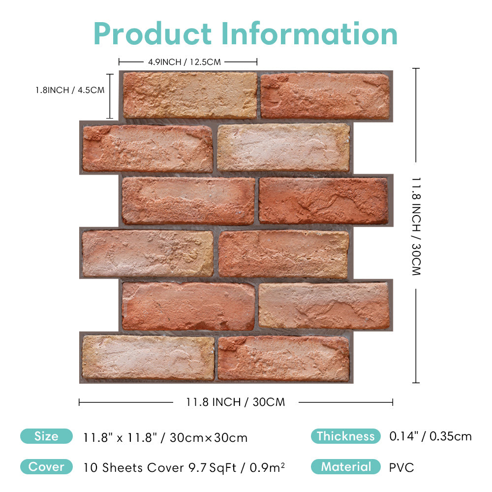 3D Red Brick Texture Peel and Stick Wall Tile