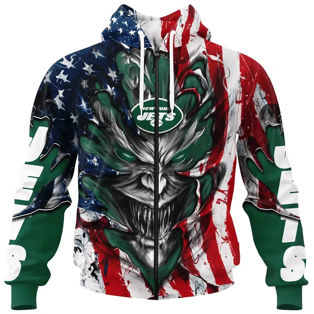 NEW YORK JETS DEMON FACE AMERICAN FLAG-3D UNISEX HOODIE