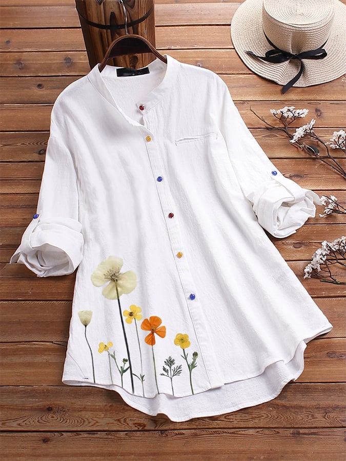 Women's Cotton Linen Stand Collar Print Shirt