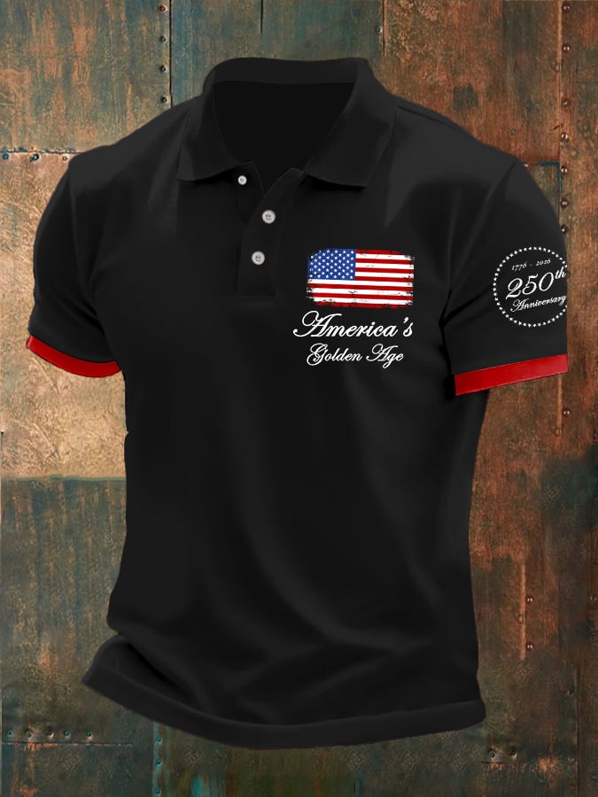 Man's Vintage Independence Day America's Golden Age 1776-2026 250th Anniversary Printed Polo Shirt