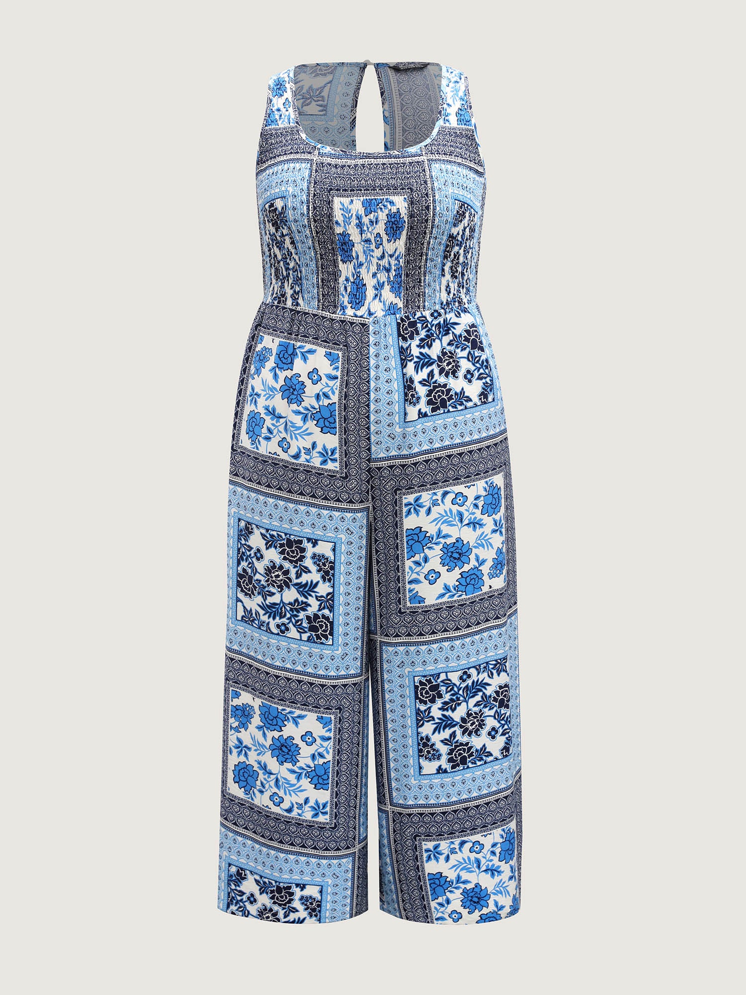 Floral Collage Shirred Straight-Leg Jumpsuit