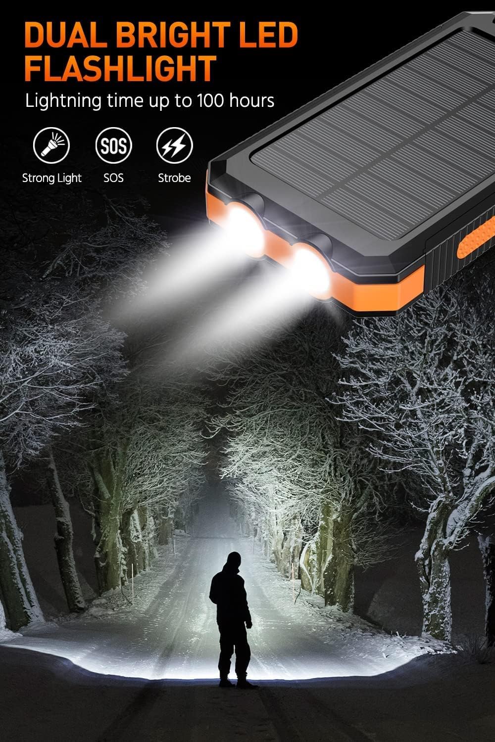 Power-Bank-Portable-Charger-Solar - 36800mAh Waterproof Portable External Backup Battery Charger Built-in Dual QC 3.0 5V3.1A Fast USB and Flashlight for All Phone and Electronic Devices (Deep Orange)