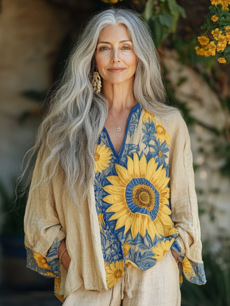 Bohemian Sunflower Linen Floral Art Print Long Sleeve V-neck Shirt