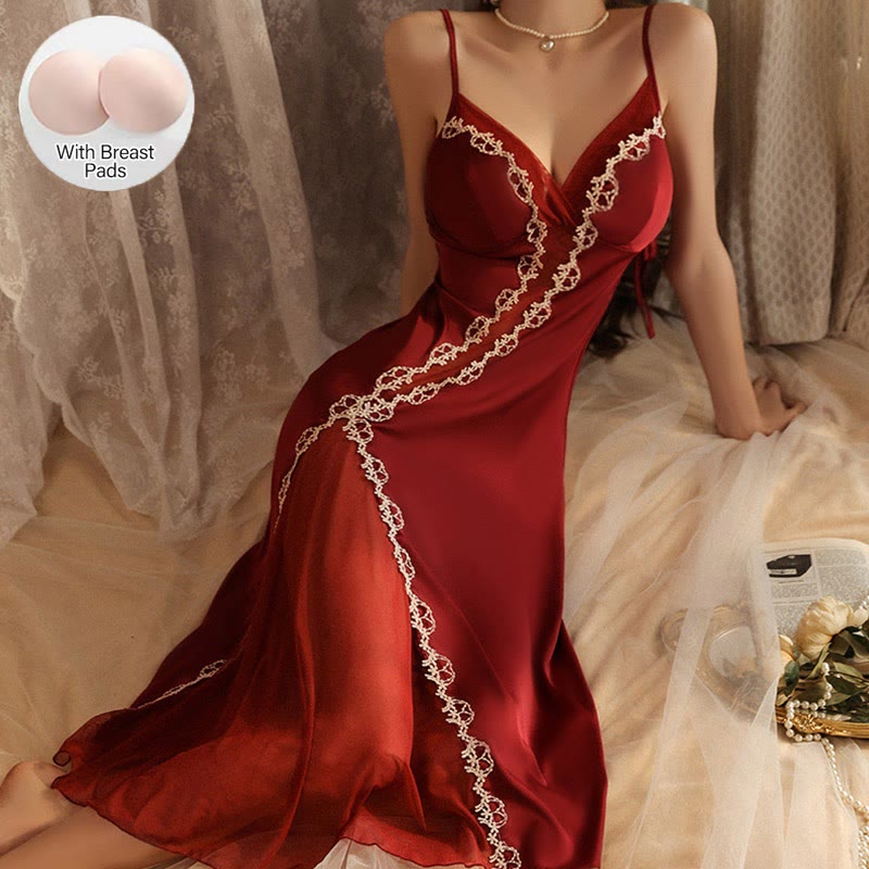 Backless Split Mesh See-through Nightgown With Breast Pads