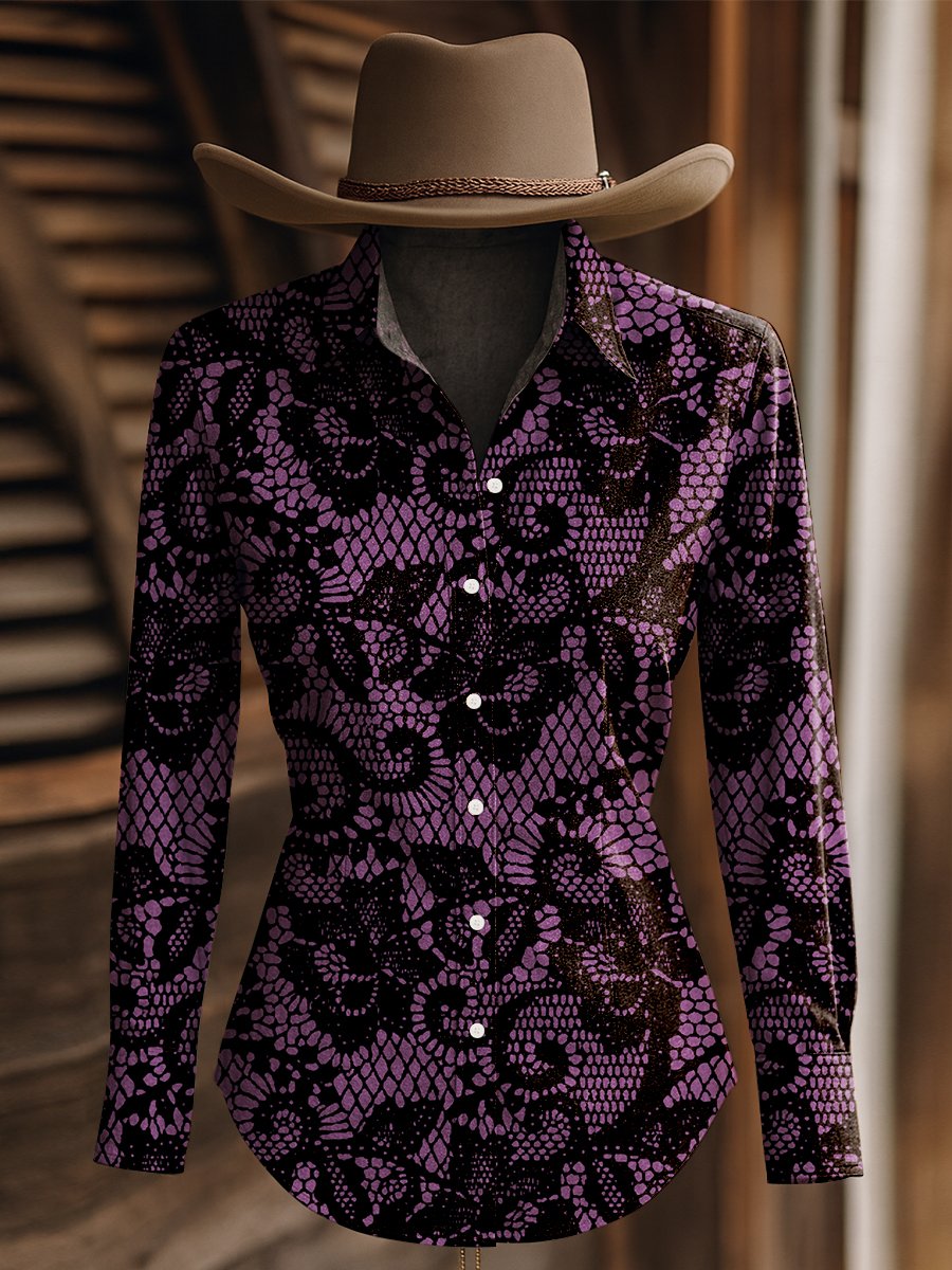 Women's Vintage Black and Pink Floral Print Western Long Sleeve Shirt