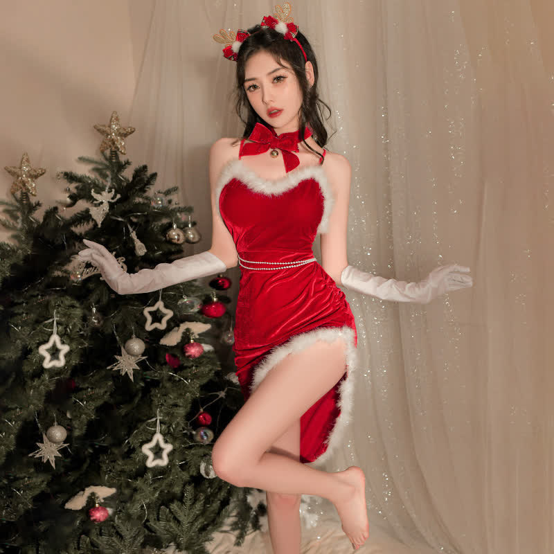 Christmas Backless Split Fuzzy Lingerie Dress