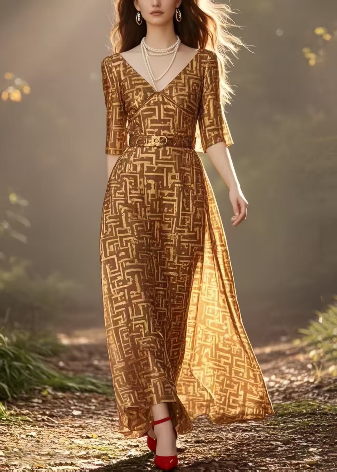 Plus Size Brown Cinched Print Chiffon Long Dress Half Sleeve