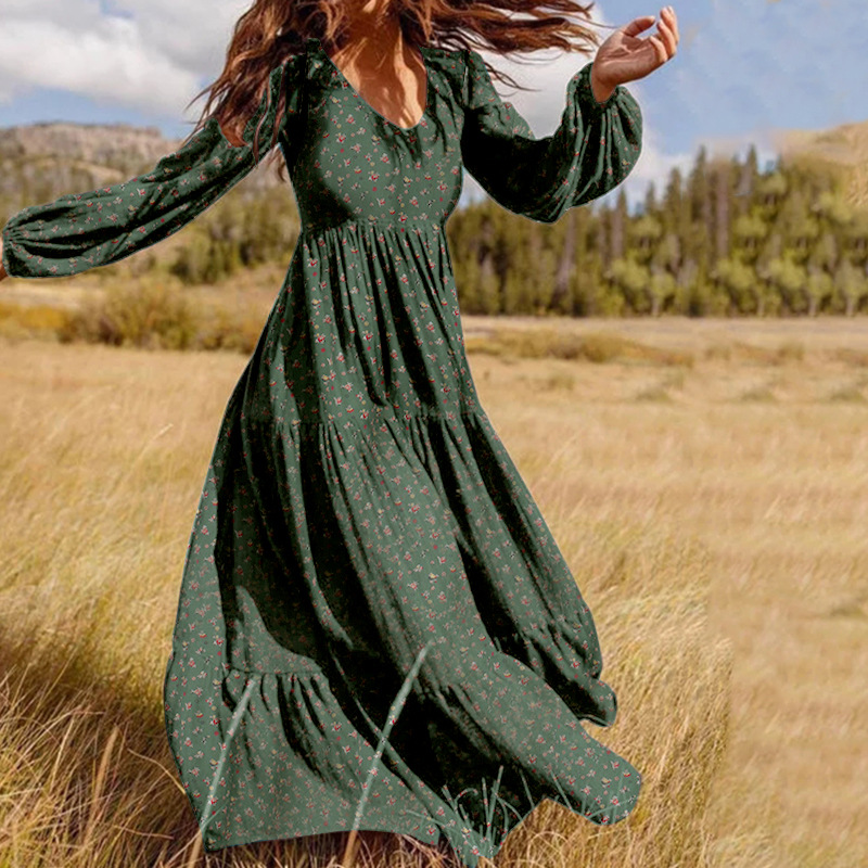 Vintage V Neck Floral Printed Long Sleeve Maxi Dress