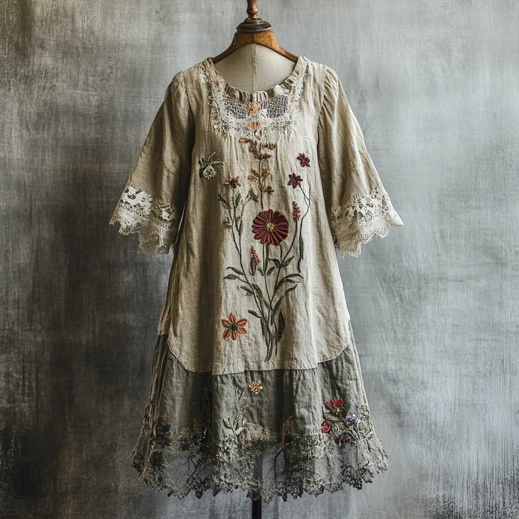 Vintage Forest Floral Lace Patchwork Embroidered Women's Linen Dress