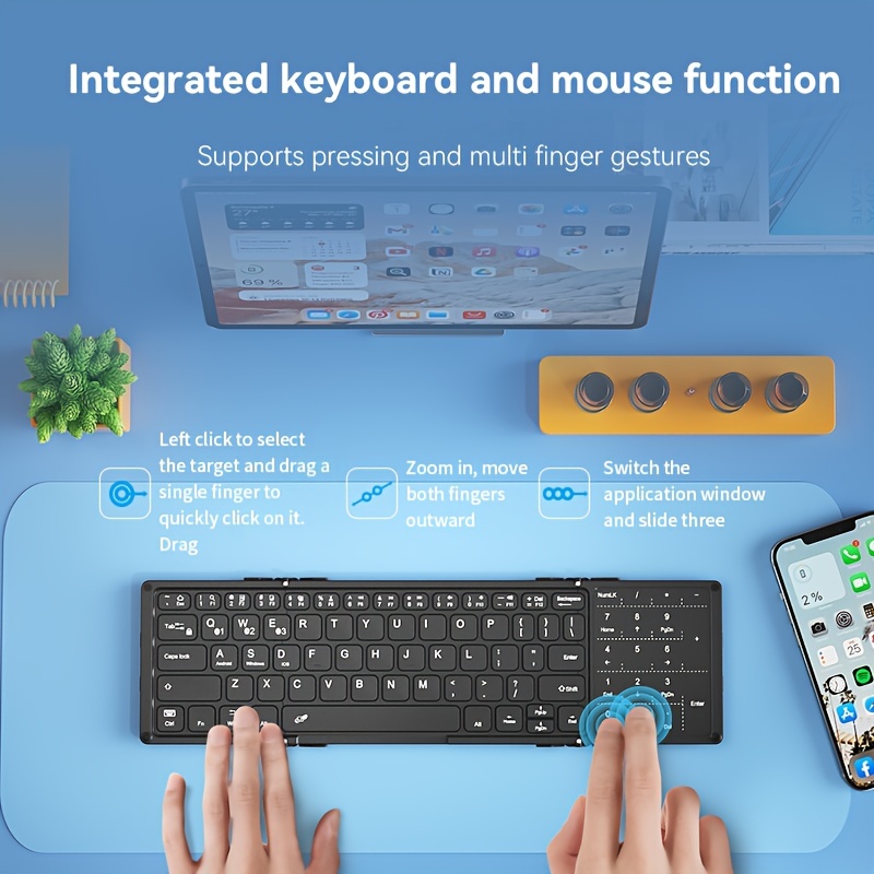BOW Wireless Three Folding Charging Keyboard Suitable For Mobile Phones Pads Tablets  Universal Mute Compact Portable Computer Keyboard With Mouse Touch Function Keyboard