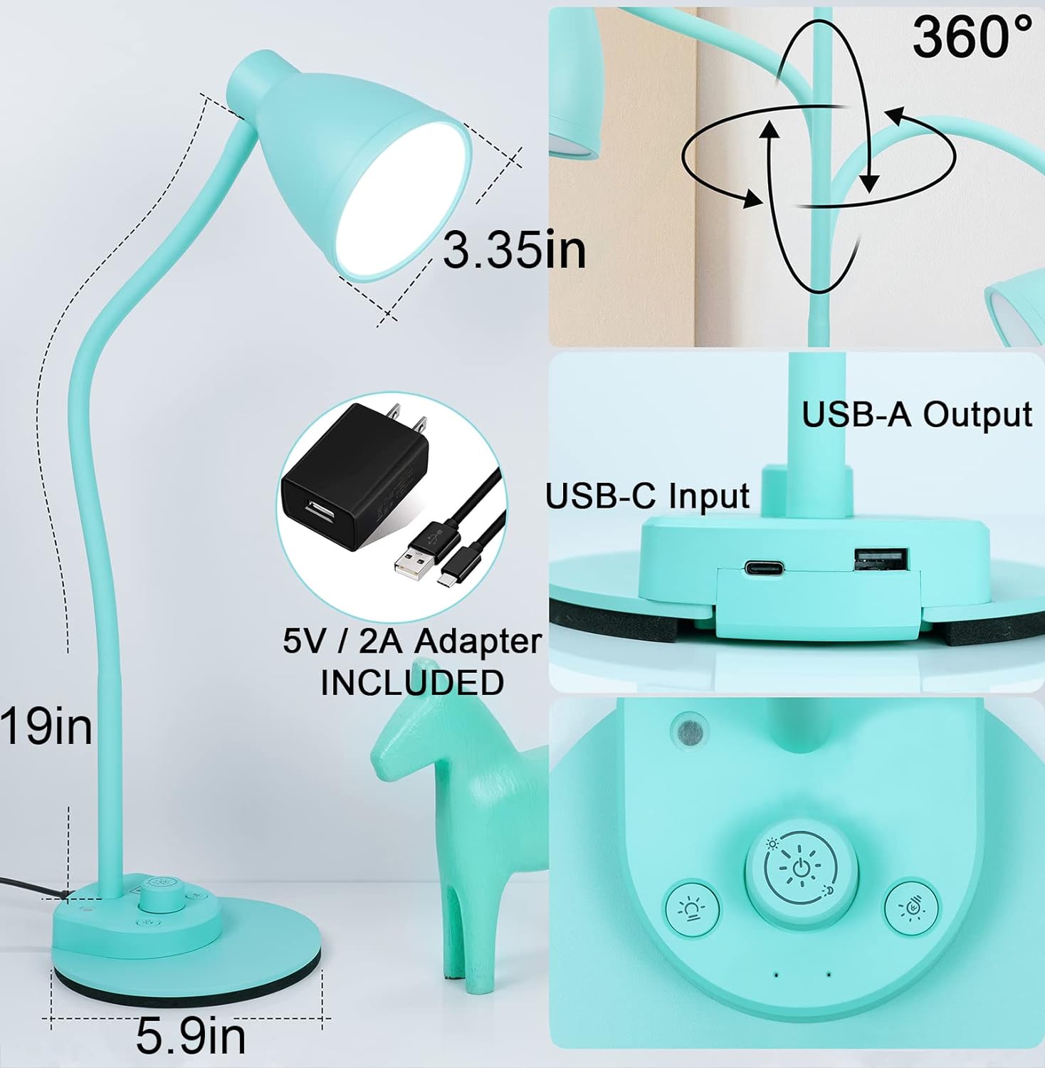 BOHON LED Desk Lamp with USB Charging Port 3 Color Modes Dimmable Reading Light Intelligent Induction Auto Dimming Task Lamp Flexible Gooseneck Table Lamp for Bedside Office, AC Adapter Include