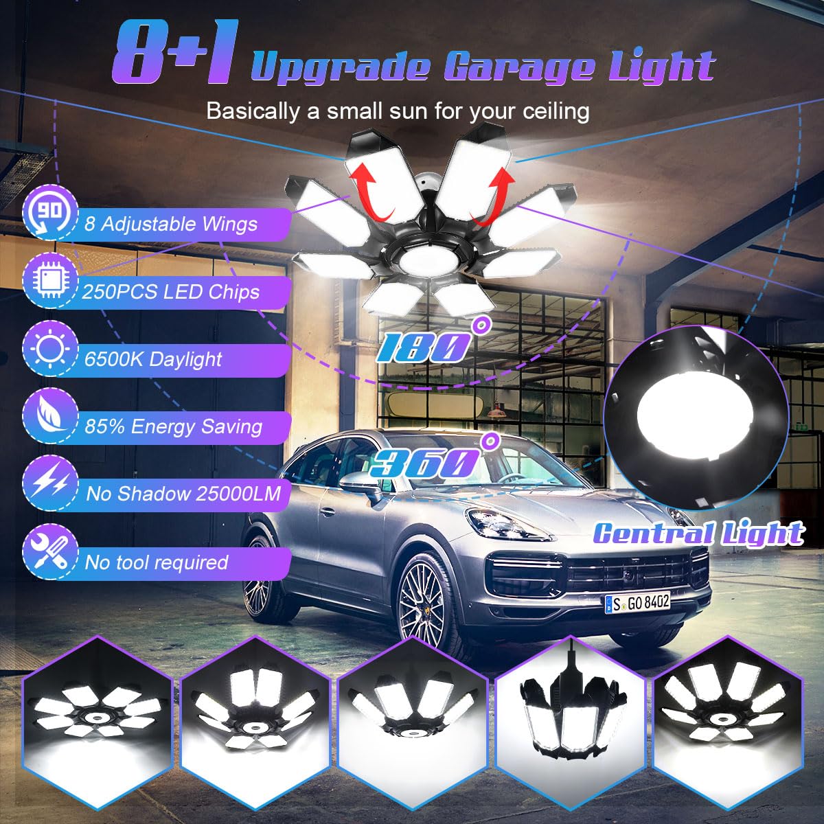 250W 25000LM Garage LED Light with 8+1 Panels, Garage LED Ceiling Lights 6500K Daylight, Deformable E26/E27 Screw in Garage Light for Shop Warehouse Basement Attic