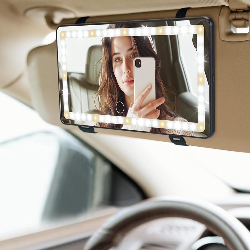 Car Sun Visor Vanity Mirror Rechargeable with Dimmable Touch Screen 3 Light Modes & 60 LEDs