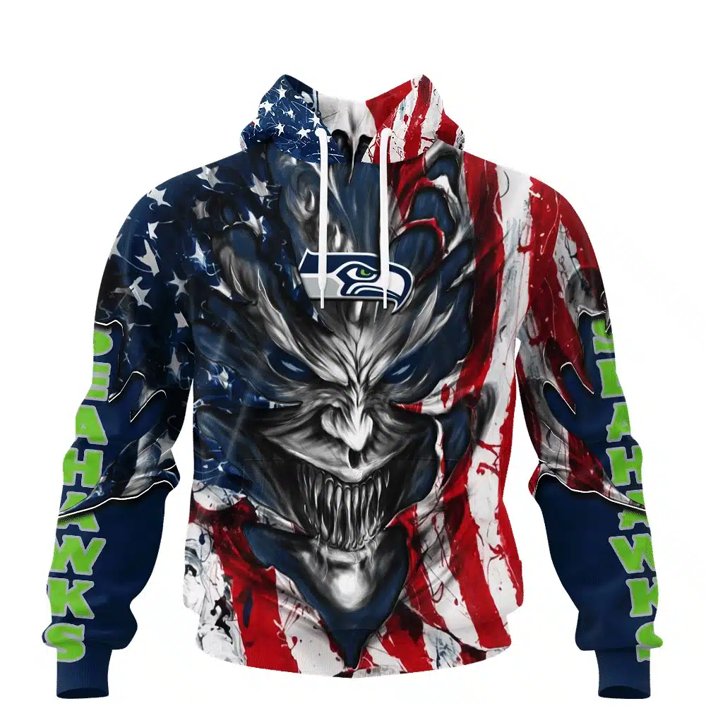SEATTLE SEAHAWKS DEMON FACE AMERICAN FLAG-3D UNISEX HOODIE