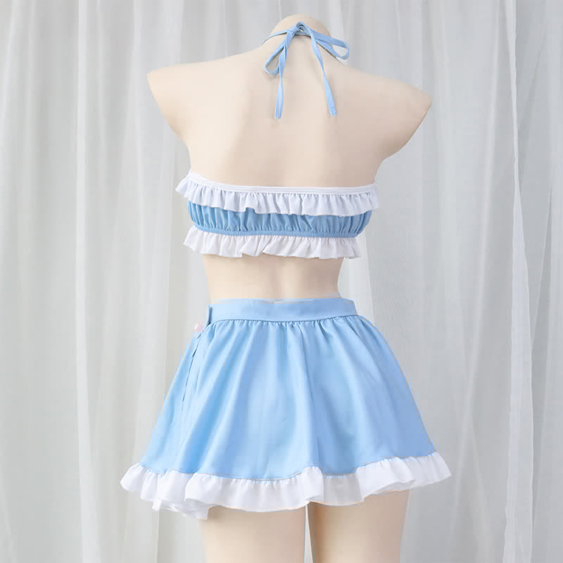 Lace Up Top Ruffled Maid Skirt Lingerie Stockings Set