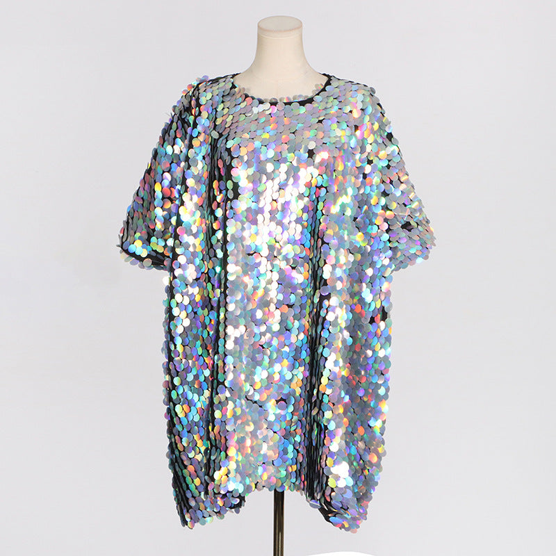 Casual Comfortable Dress Summer round Neck Laser Pullover Sequ Loose Fitting Short for Women