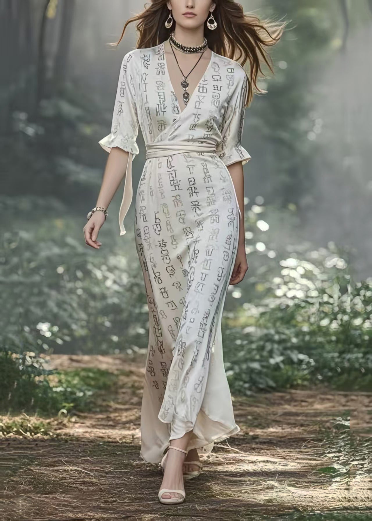 White Print Draping Silk Long Dresses Cinched Half Sleeve