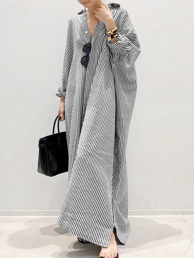 Women's Cotton Linen Loose Striped Shirt Dress