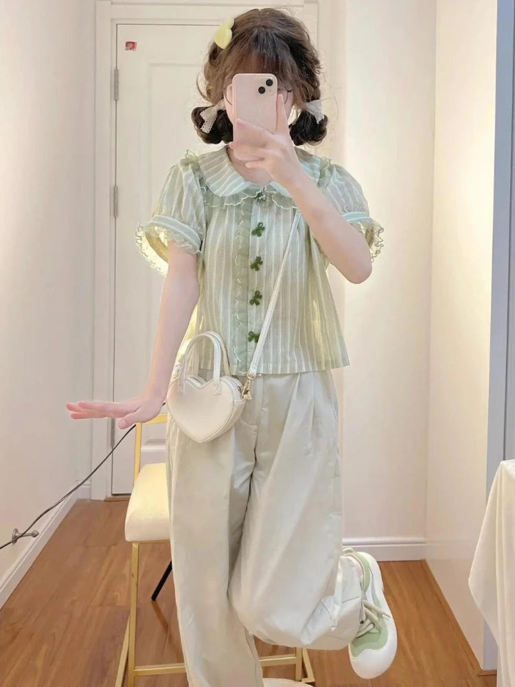 Striped Harajuku Lace Bow Blouse