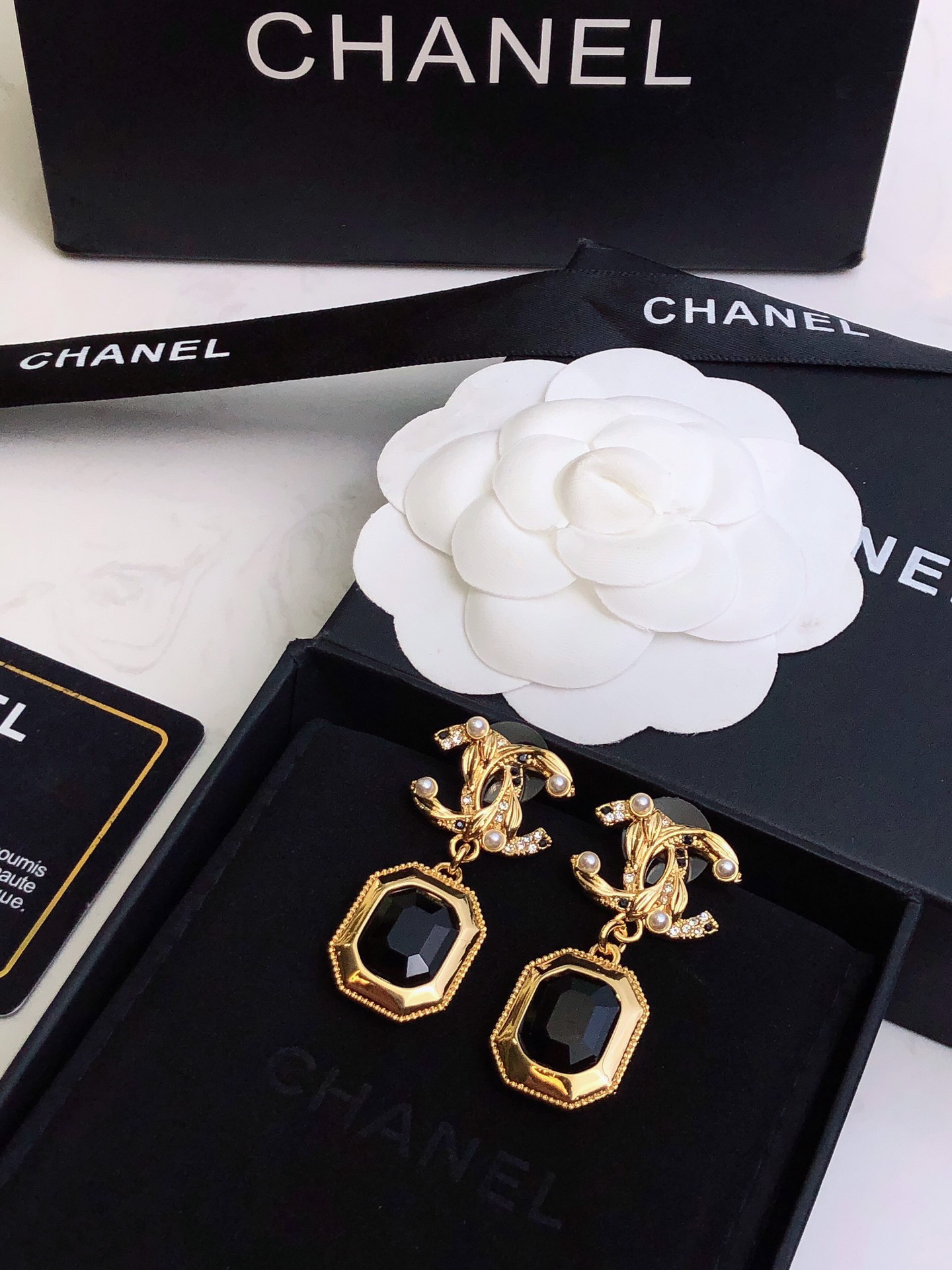 Chanel black square diamond earrings