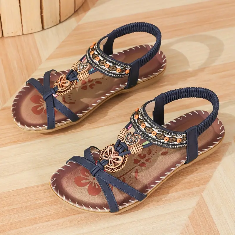 👣Women's rhinestone butterfly flat sandals, bohemian style open toe elastic summer sandals