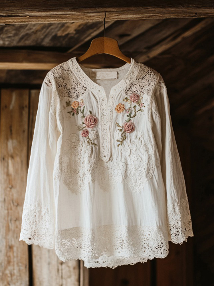 Elegant Lace Rose Embroidery V-neck Shirt