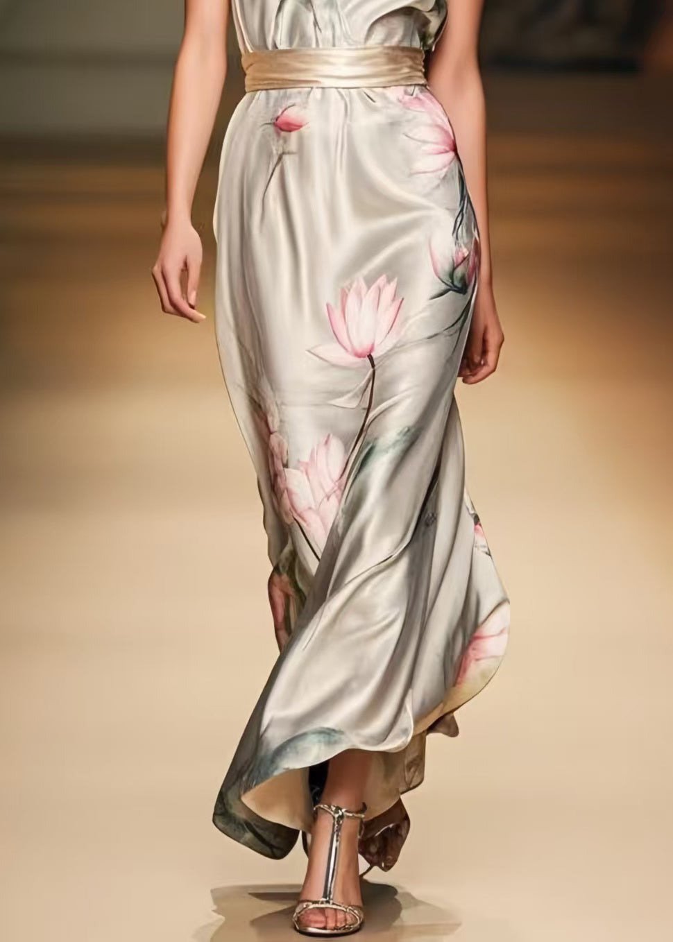 Women Apricot Cinched Print Silk Party Dress Summer