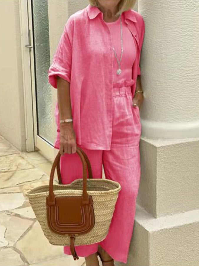 Solid Color Casual Cotton Linen Suit
