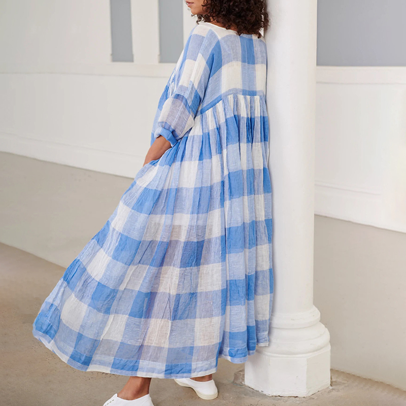 Plaid Patchwork Comfortable And Loose V-Neck Large Swing Maxi Dress