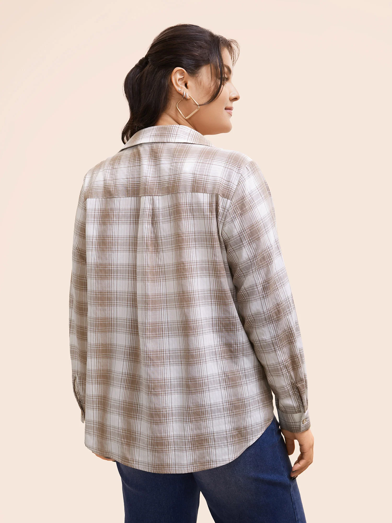 Plaid Shirt Collar Patch Pocket Blouse