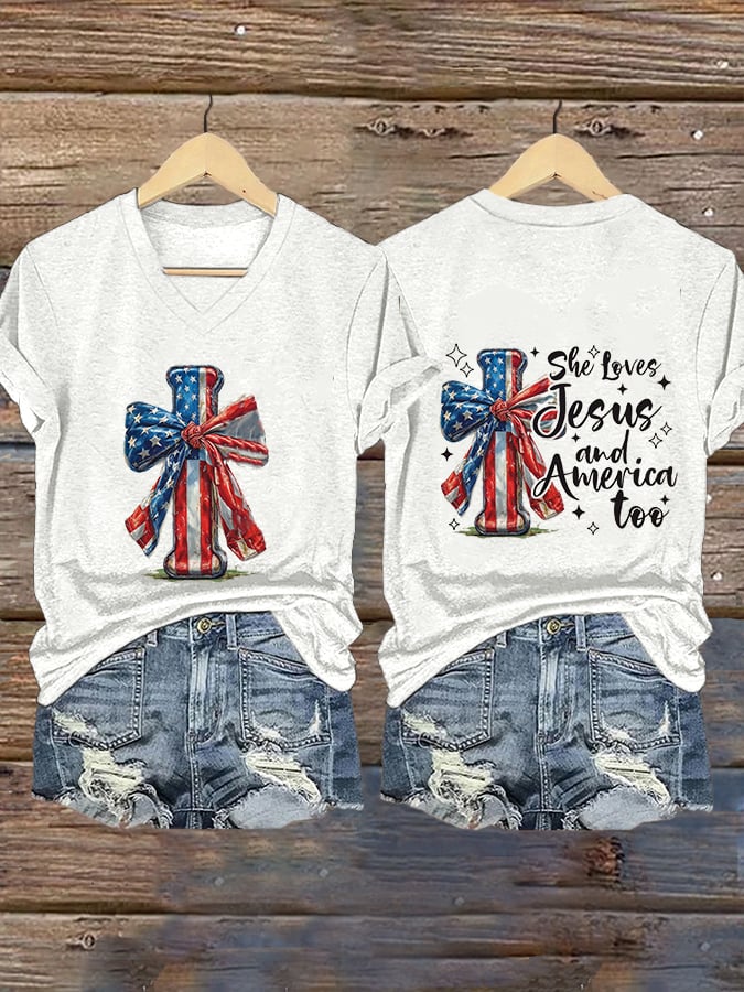 Women's She Loves Jesus And America Too Print V-Neck T-Shirt